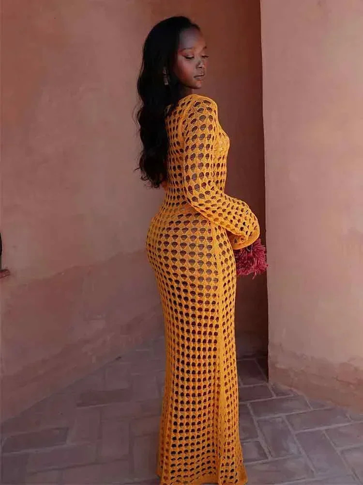 Sexy Cut Out Bell Sleeve Solid Knit Crochet Beach Maxi Dress Women Summer Chic Swimsuit Cover Up Elegant Party Outfit K23 250517