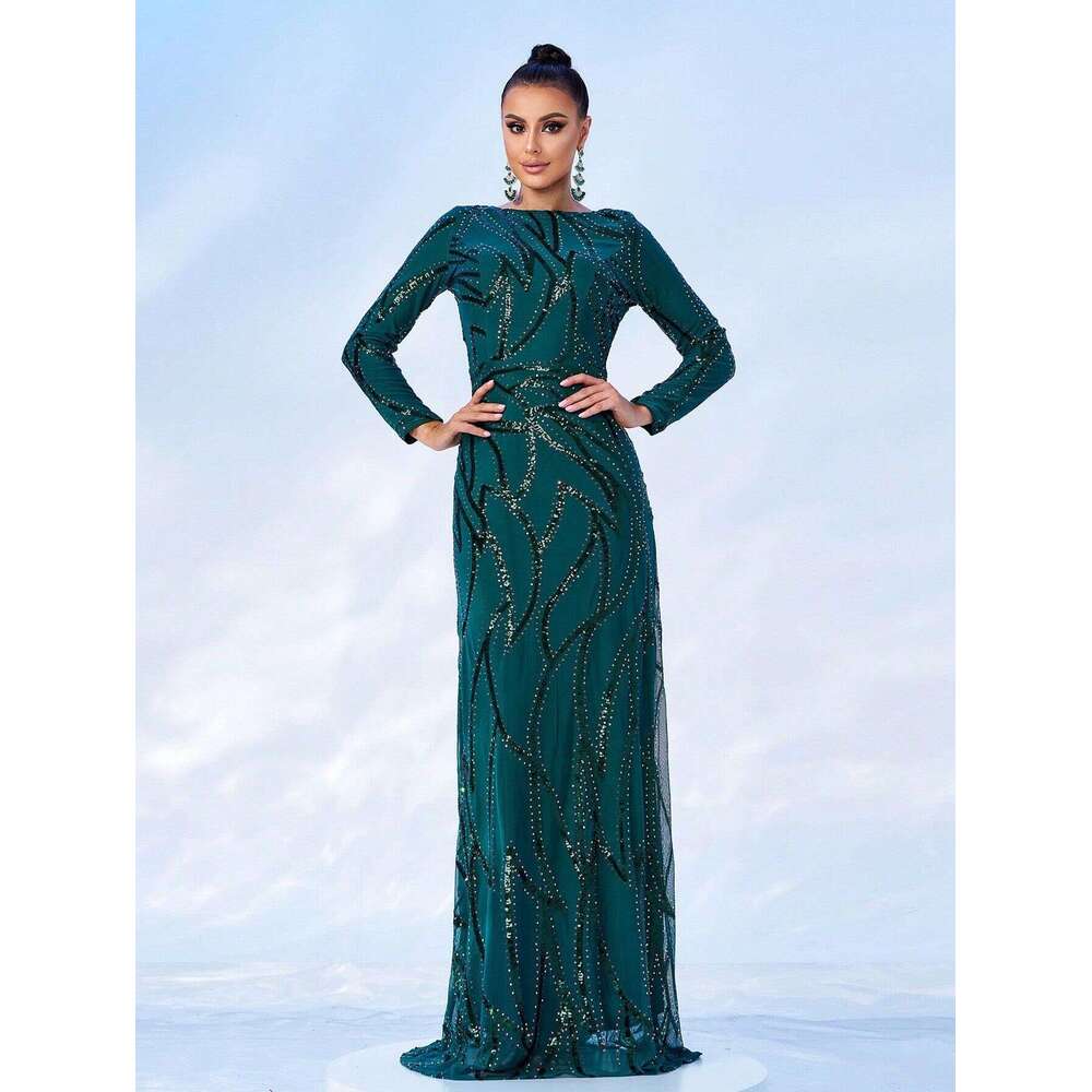 Maxi Dress High End Temperament Sleeved Round Neck Sexy Long Sequin Banquet Evening Bridesmaid Women S Dress KQ