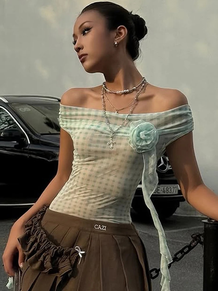 Weird Puss Plaid Print Applique Tops Women Mesh See Through Off Shoulder Backless Tassel Girls Street Fashion Trend T-Shirts 250517