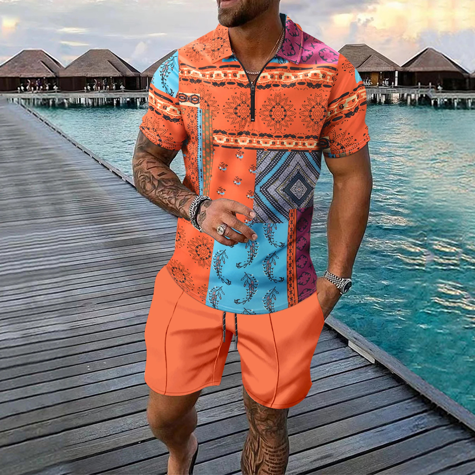 summer mens short sleeve zipper printed Polo shirt shorts Beach Hawaiian style two-piece suit 250517