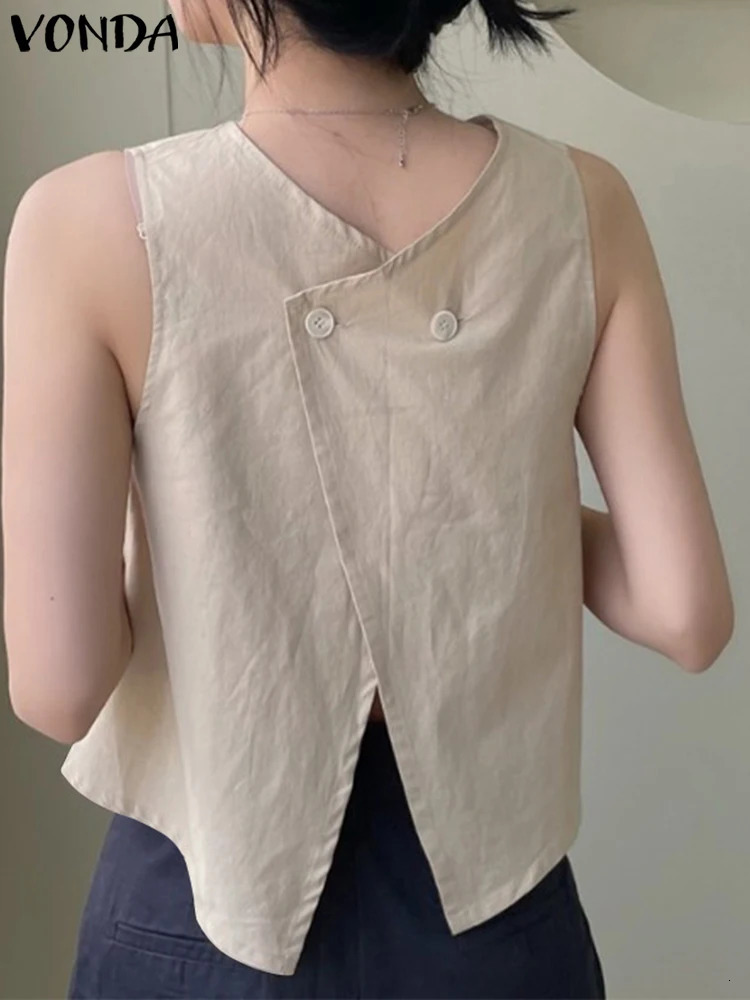 VONDA Vintage Shirt Sleeveless Both Side Wear Tops 2025 Casual Loose Buttons Top Summer Blouse Solid Color Blusas 250516Z