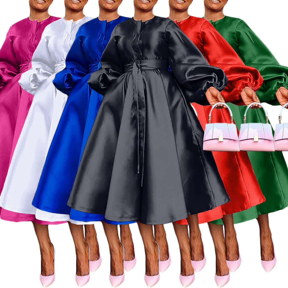Maxi Dress BN Women S Autumn Winter New Solid Color Bright Face Loose Button Lantern Sleeve Dress KQ