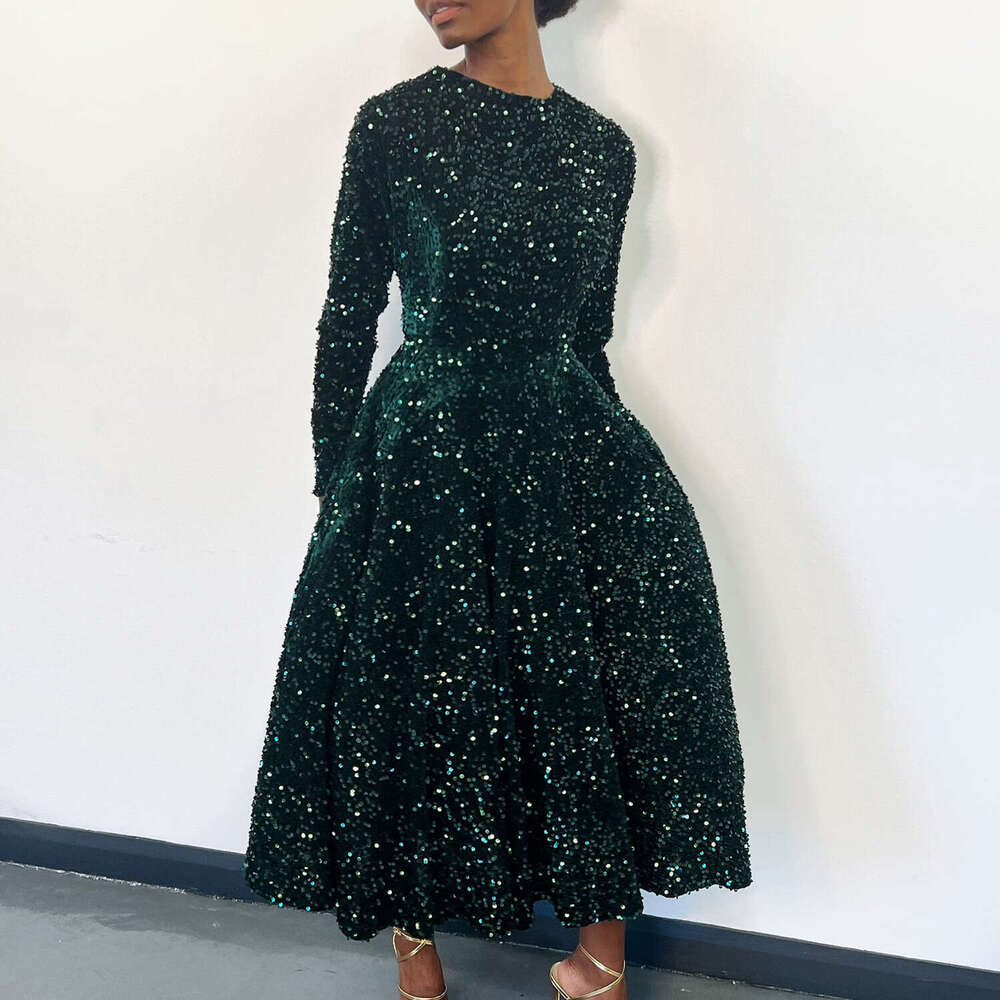 Maxi Dress D New Women S Round Neck Long Sleeve Solid Color Sequin High Waist Temperament Mid Length Dress KQ