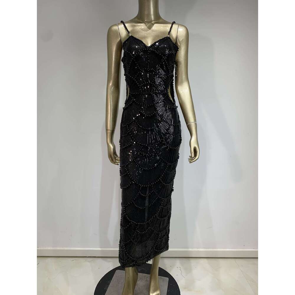 Maxi Dress New White Pearl Sequin With Fashionable Cut Out Party Dress KQ