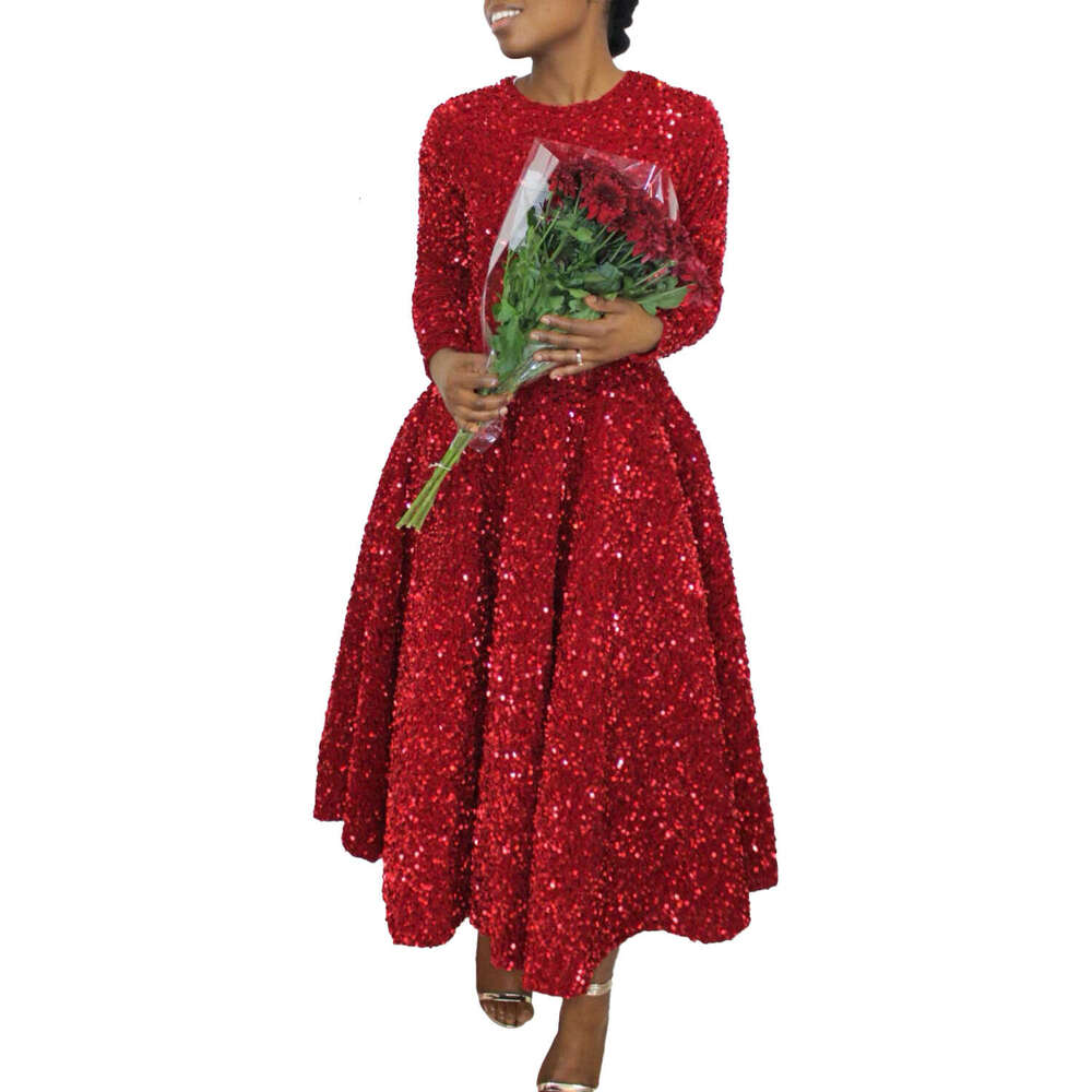Maxi Dress D New Women S Round Neck Long Sleeve Solid Color Sequin High Waist Temperament Mid Length Dress KQ
