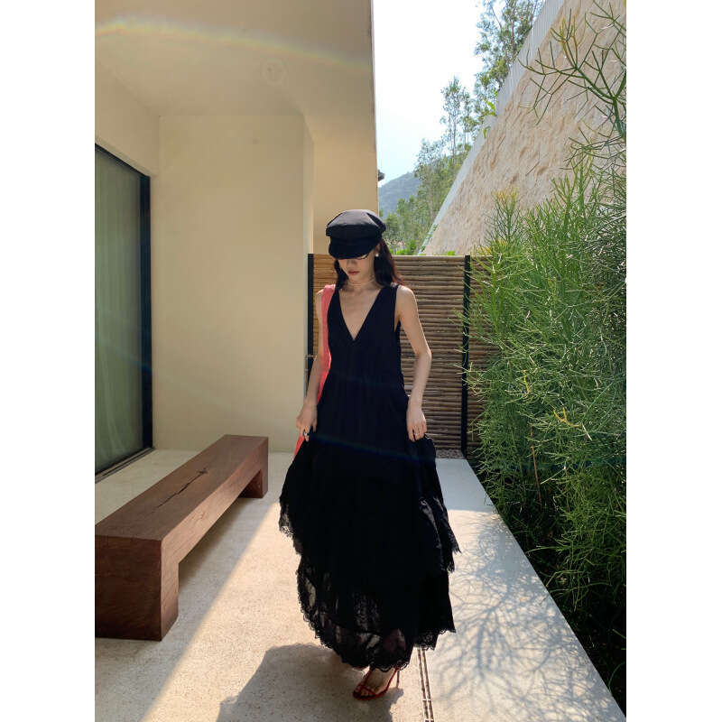 Maxi Dress Interpretation Of Beauty NEW OPEN Internet Celebrity Summer French Cake Skirt Female Temperament Sleeveless V Neck Dress Formai Dress