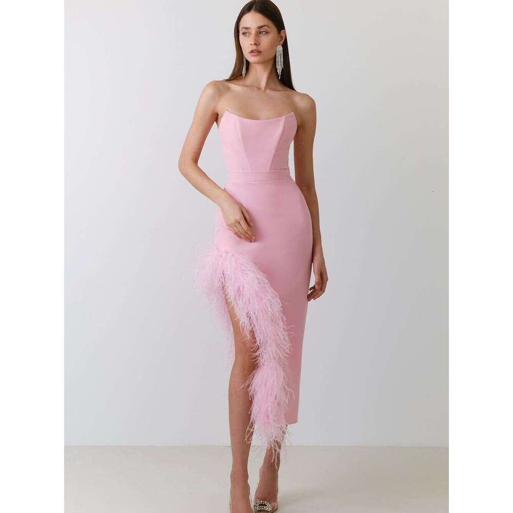 Maxi Dress New Pink Bandage Dress Fashionable Strapless And Leg Exposed Feather Party Dress Formai Dress