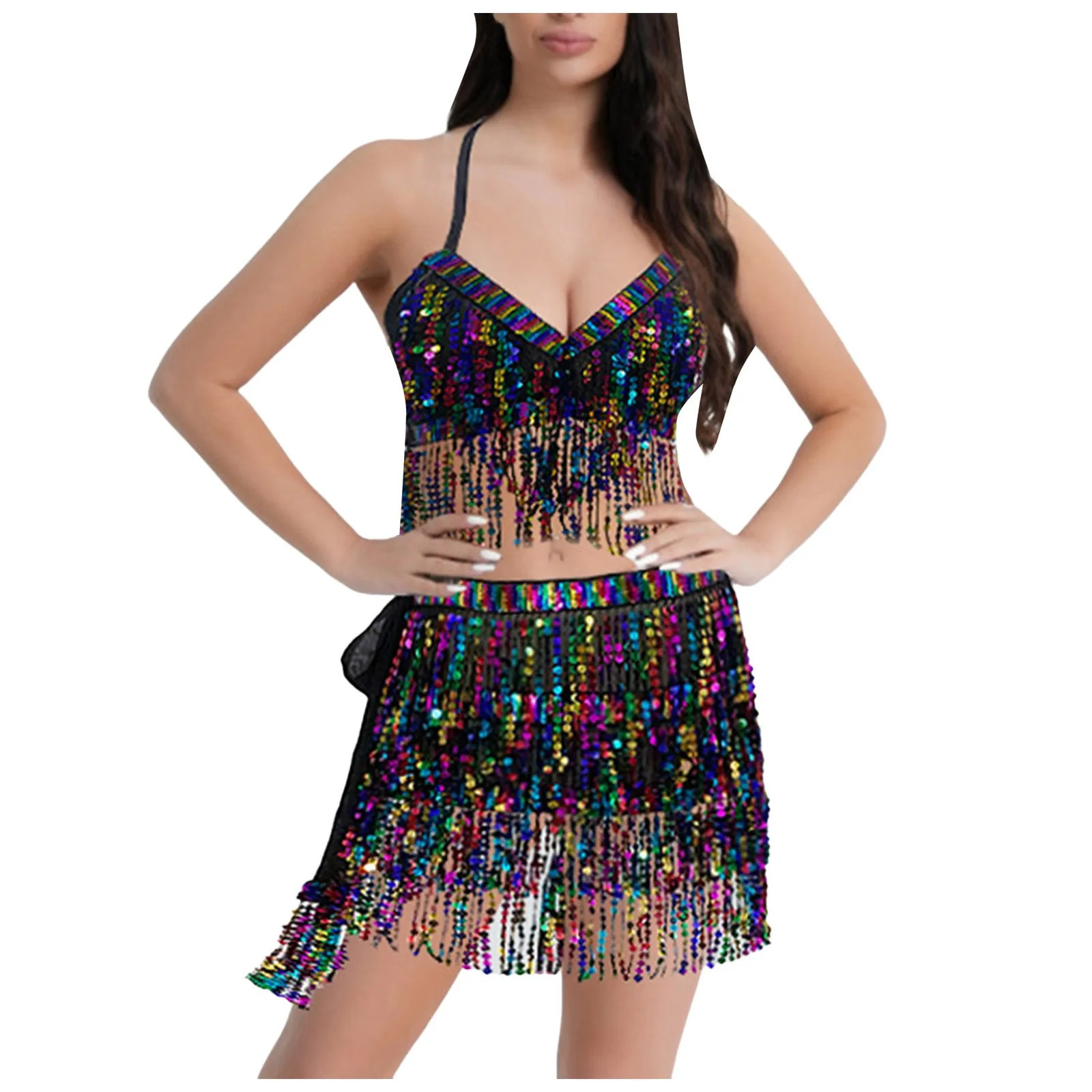 Belly Dance Top Bra Skirt Set Latin Sequin Fringe Halter Hip Skirt Sexy Party Costume 4 Layer Tassel Stage Performance Clothes 250516