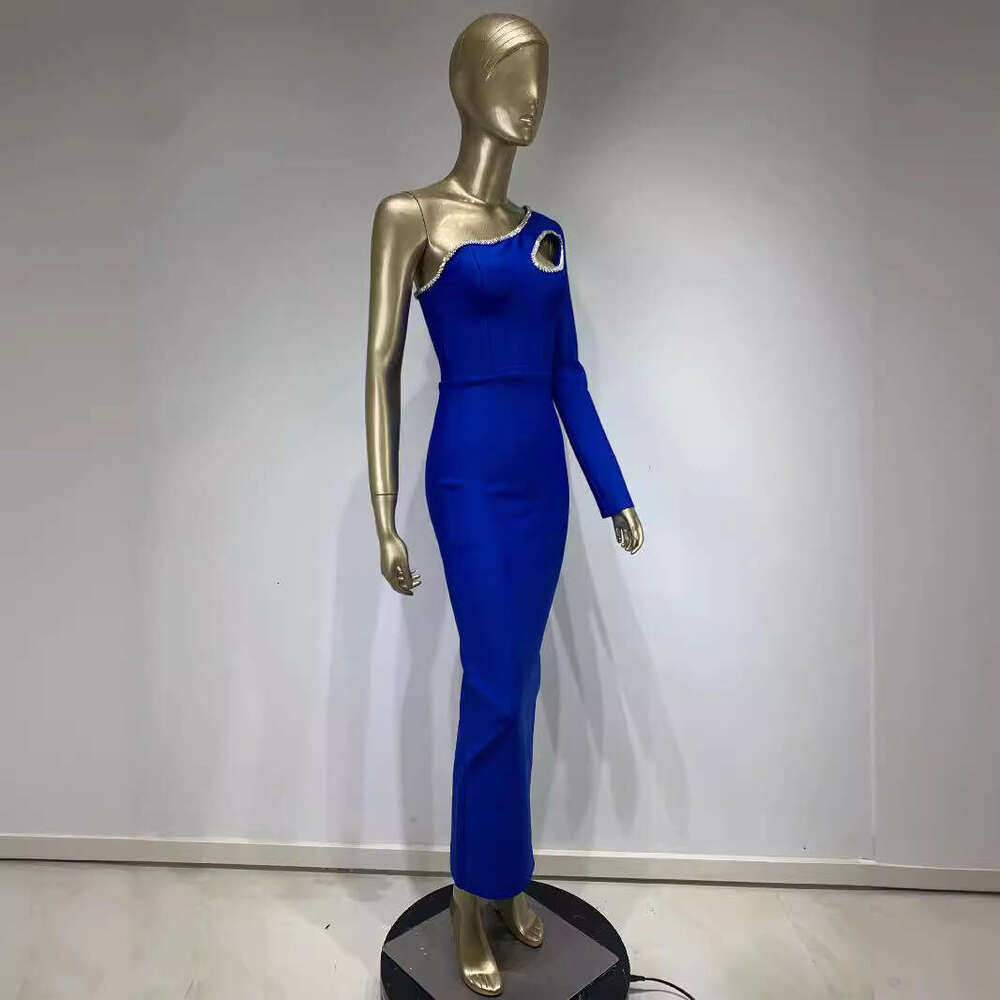 Maxi Dress New Bandage Blue Single Shoulder Long Sleeve Diamond Banquet Party Dress KQ