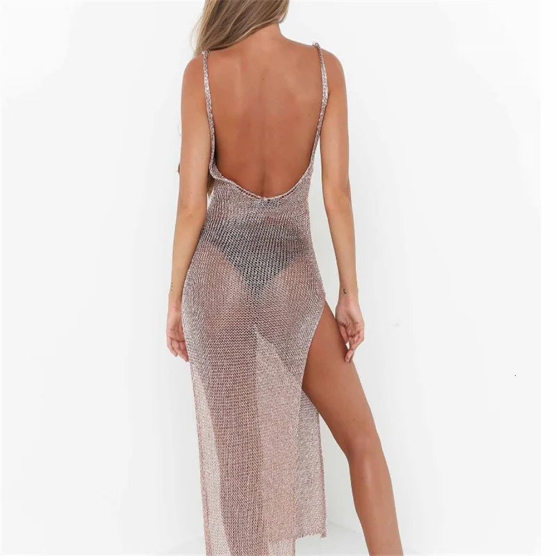 Women Sexy Mesh Beach Dress Sheer Long Cover Up Knitted Glitter Tunic Female Golden Swimsuit Bikini Sarong Swimwear Sling Dress 250517