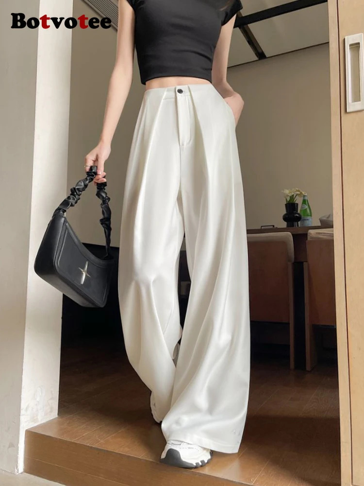 Botvotee womens white suit pants elegant office front pleated dress fashionable wide leg straight black formal mens style 250506