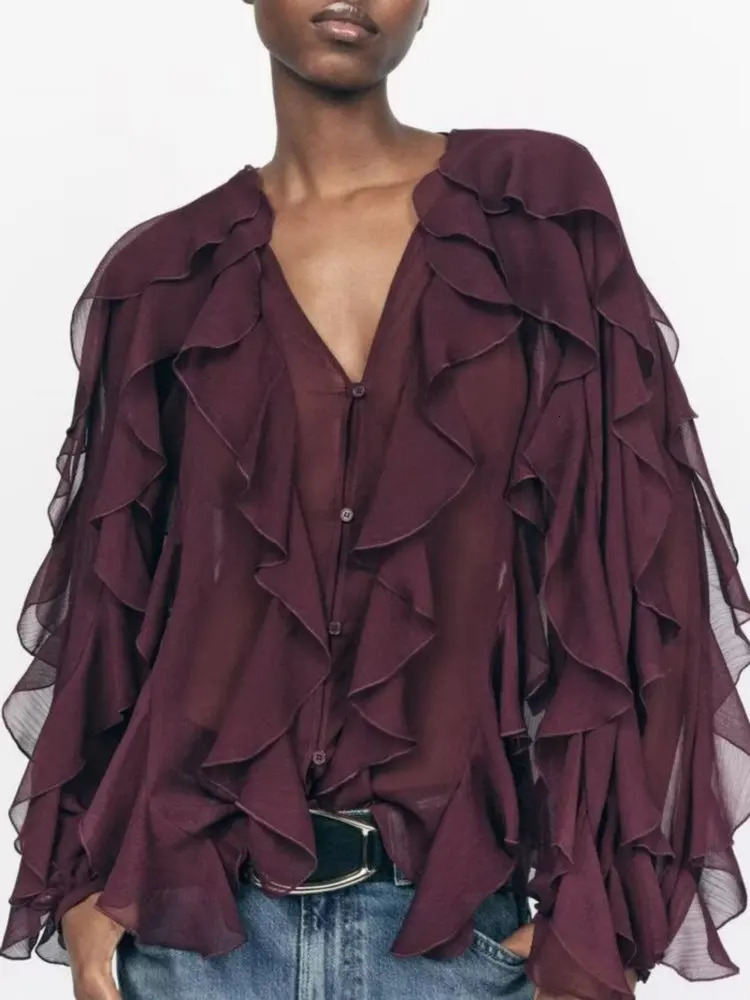 2025 Summer Chic Womens Elegant Loose Long Sleeve Layered Shirts Office Lady Vintage V-neck Translucent Tierred Ruffles Blouses 250517
