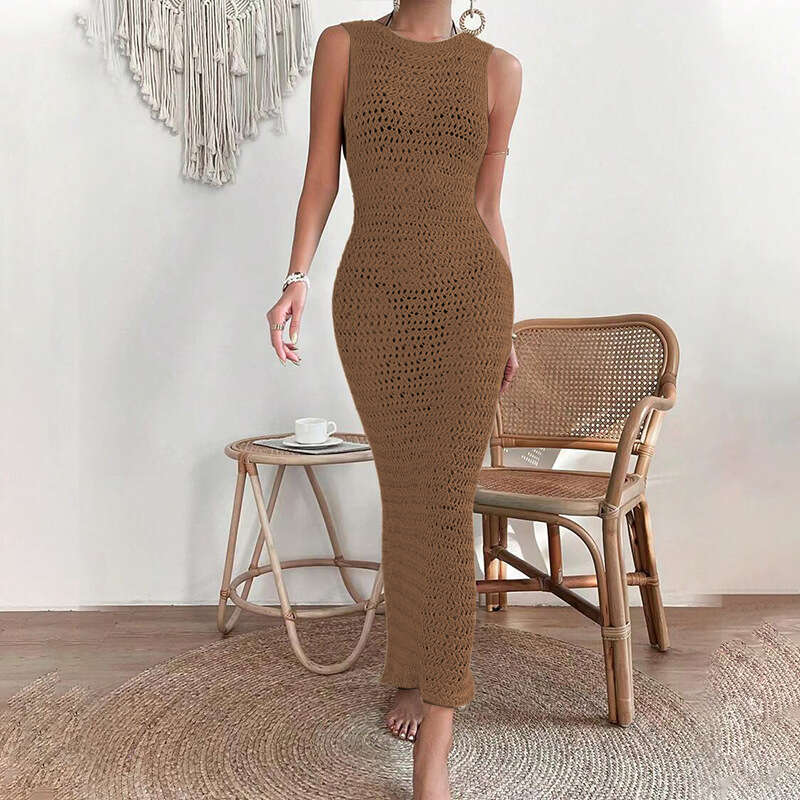 Maxi Dress Seaside Beach Hollow Knitted Long Skirt Strap Bareback Sexy Dress Formai Dress