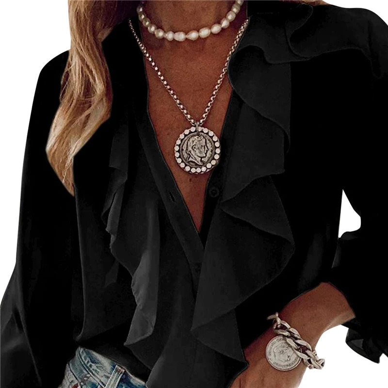 Chiffon Solid Color Shirts Women Loose Ruffled V Neck Long Sleeve Blouses Tops Female Autumn Lady Streetwear Top 250517