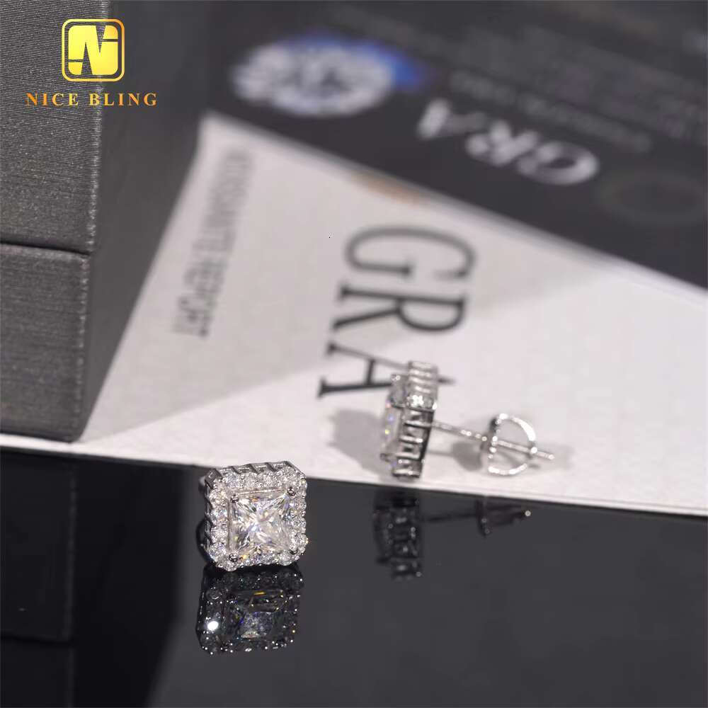 Pass Diamond Tester GRA Certified VVS Diamond 925 Sterling Silver Princess Cut Moissanite Stud Earrings
