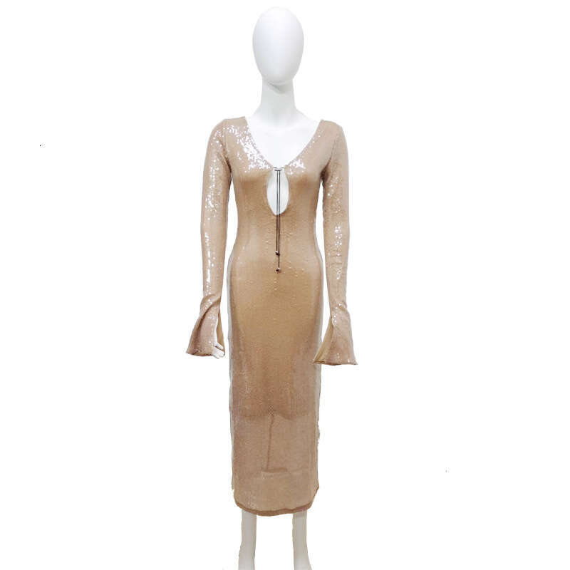Maxi Dress High End Fashion Sequin V Neck Backless Slim Fitting Party Dress Mid Length KQ