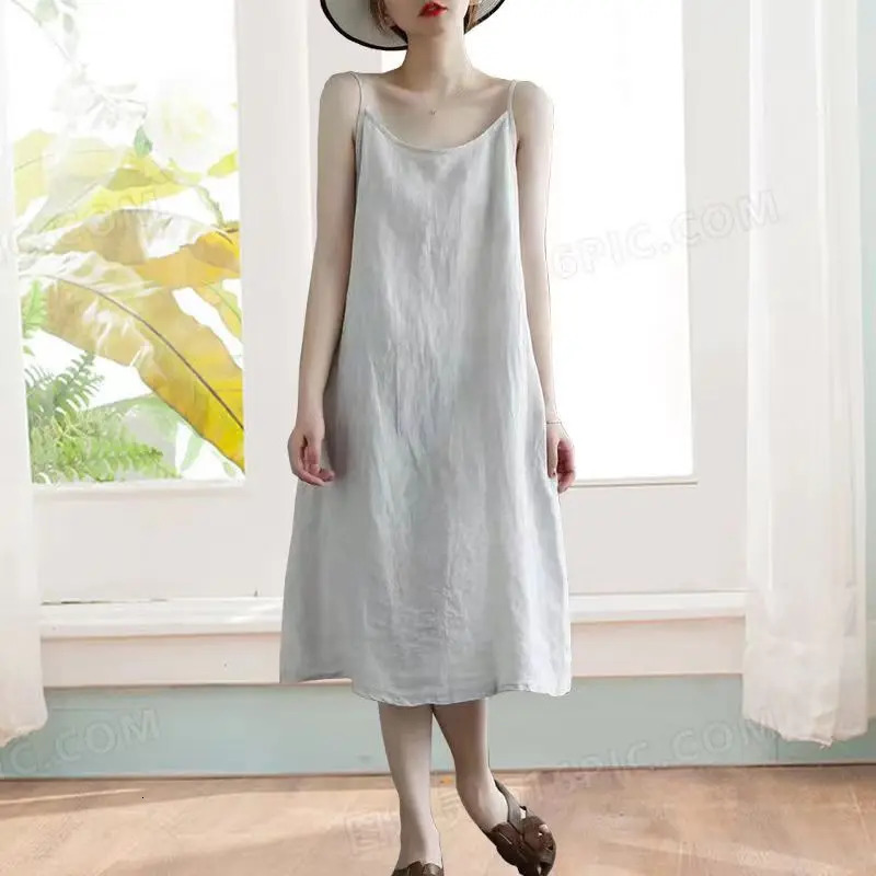 Women Casual Loose Strap Dress Retro Elegant Soft Cotton Linen Dress Sleeveless A-Line Straight Beach Holiday Dress Summer Thin 250517