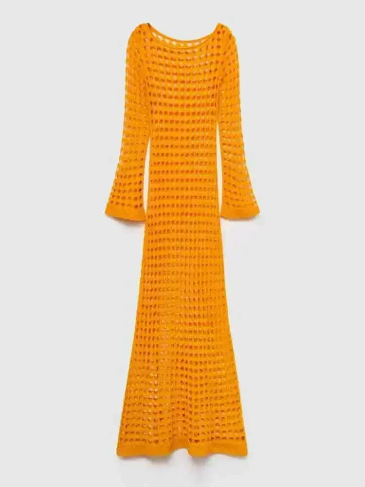 Sexy Cut Out Bell Sleeve Solid Knit Crochet Beach Maxi Dress Women Summer Chic Swimsuit Cover Up Elegant Party Outfit K23 250517