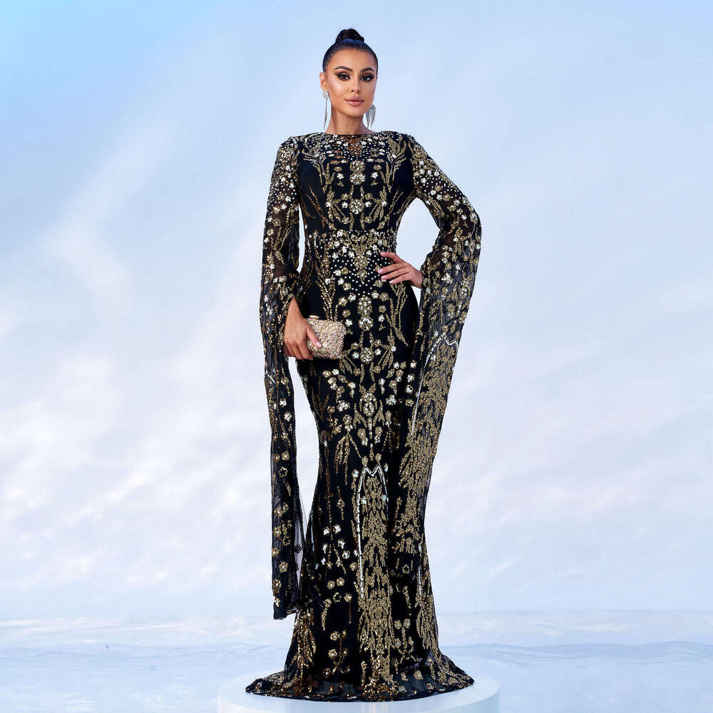 Maxi Dress Ultra Sleeves Elegant Round Neck Sexy Slim Fit Long Sequin Banquet Gown Bridesmaid Dress Dress KQ
