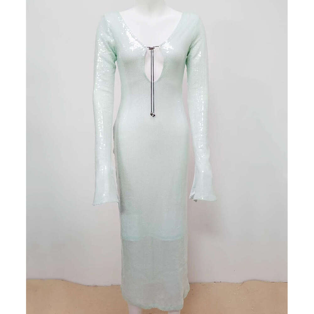 Maxi Dress High End Fashion Sequin V Neck Backless Slim Fitting Party Dress Mid Length KQ
