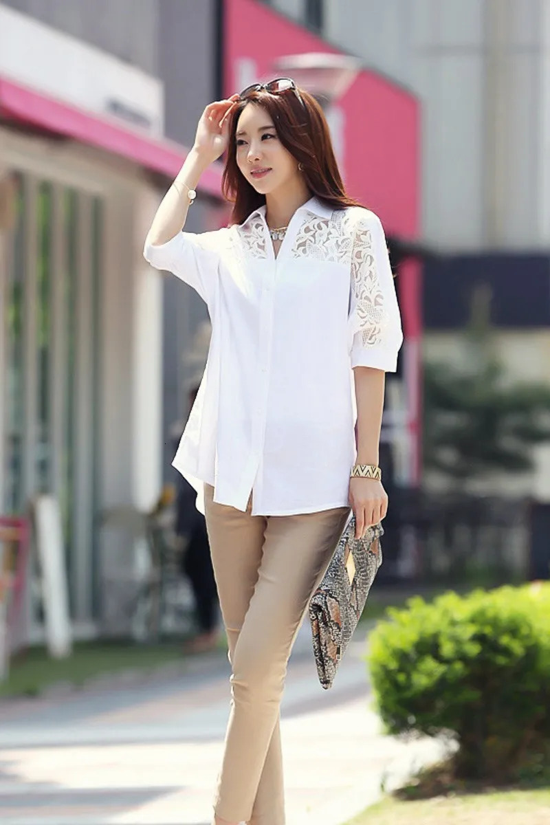Sexy Lace Patchwork White Chiffon Button Up Shirt for Women Summer Casual Simple Loose Half Sleeve Ladies Tops Blouses Clothing 250516Z