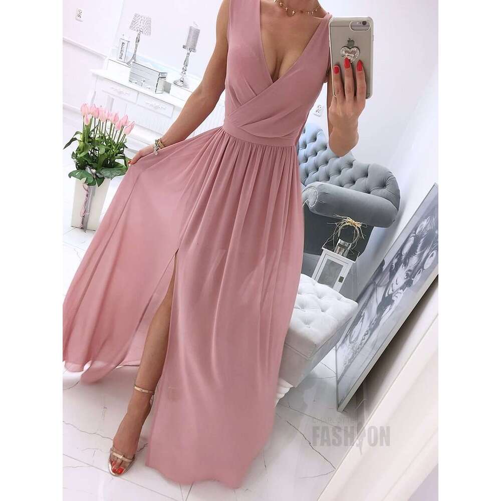 Maxi Dress Summer New Sleeveless Solid V Neck Dress Women S Wear KQ