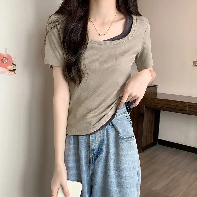 Slim T-shirt for Women for Womens Short-sleeved Summer Two-piece Spliced shoulder Pure Desire Cotton Top 250517