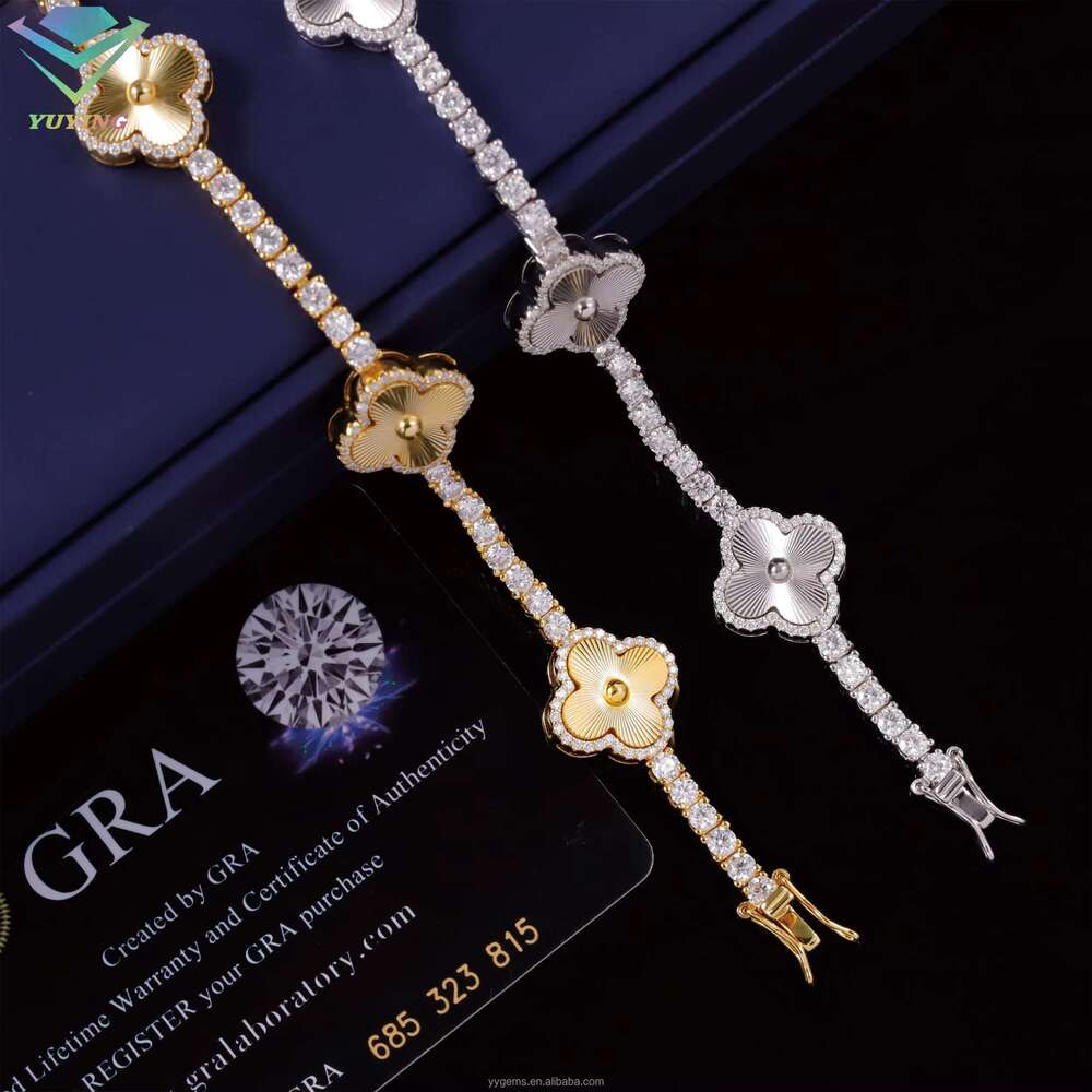 Lucky Four Leaf Hip Hop Jewelry 3mm S Sier Gold Plated Iced Out Moissanite Clover Tennis Bracelet