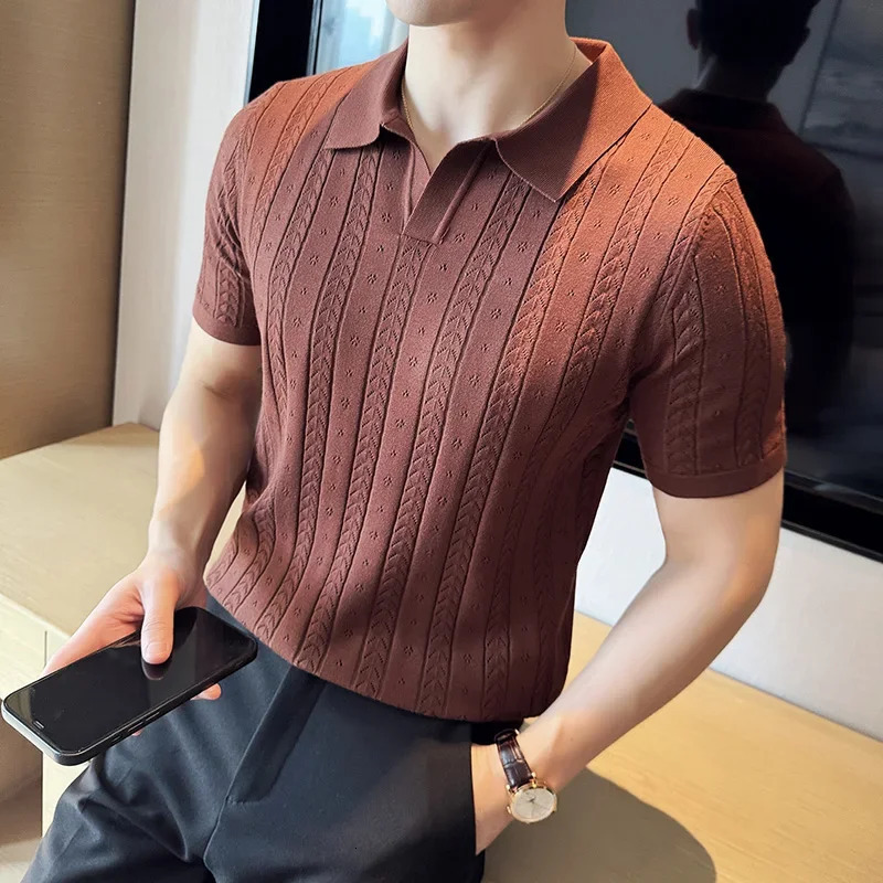 Mens Polo Shirt Striped Jacquard Knit Short Sleeve T-shirt V-neck Solid Color Elastic Top . M-3XLSummer Purple Thin 250517