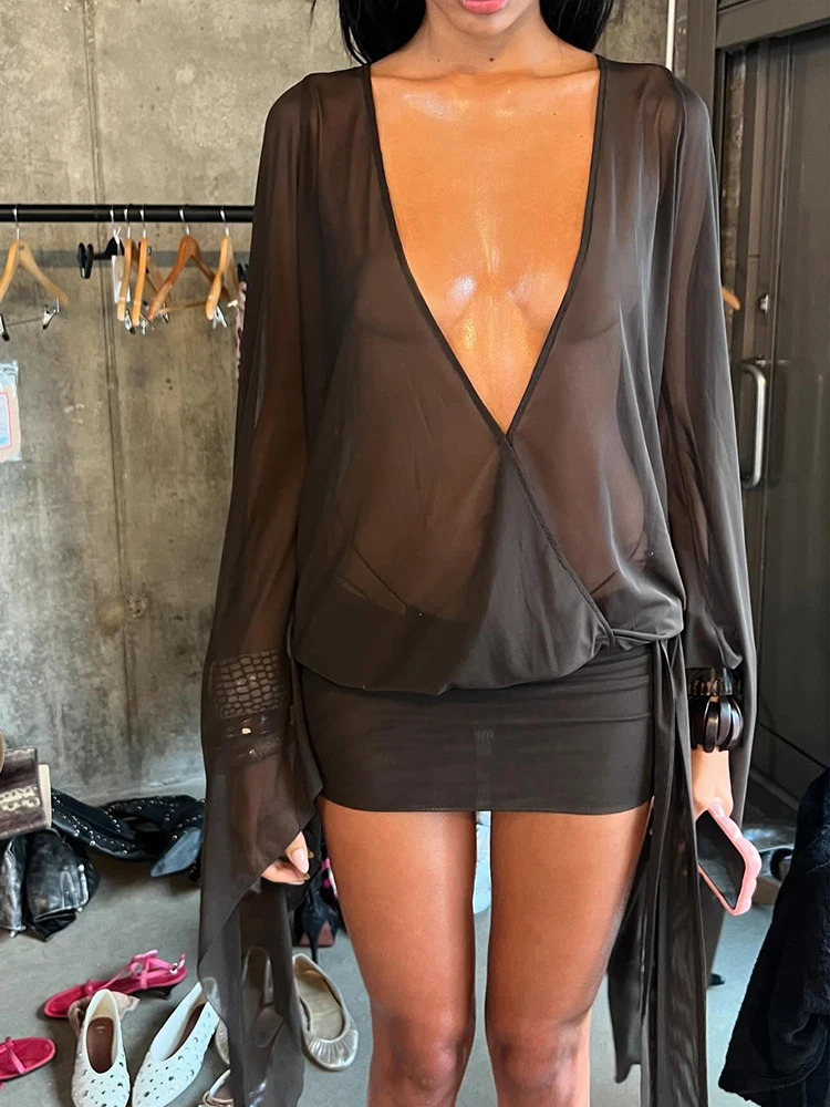 kliou Mesh Irregular Women Mini Dress Sexy See Through Chic Long Sleeve Deep Low Neck Bandage Slim Vestidos Mujer Coquette Frock 250517