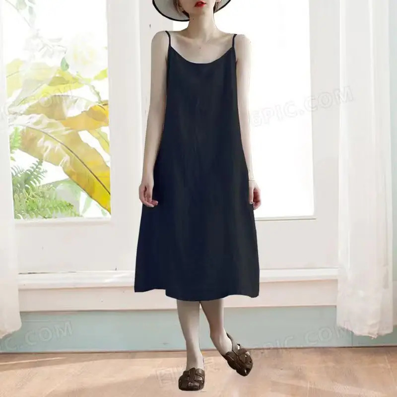 Women Casual Loose Strap Dress Retro Elegant Soft Cotton Linen Dress Sleeveless A-Line Straight Beach Holiday Dress Summer Thin 250517