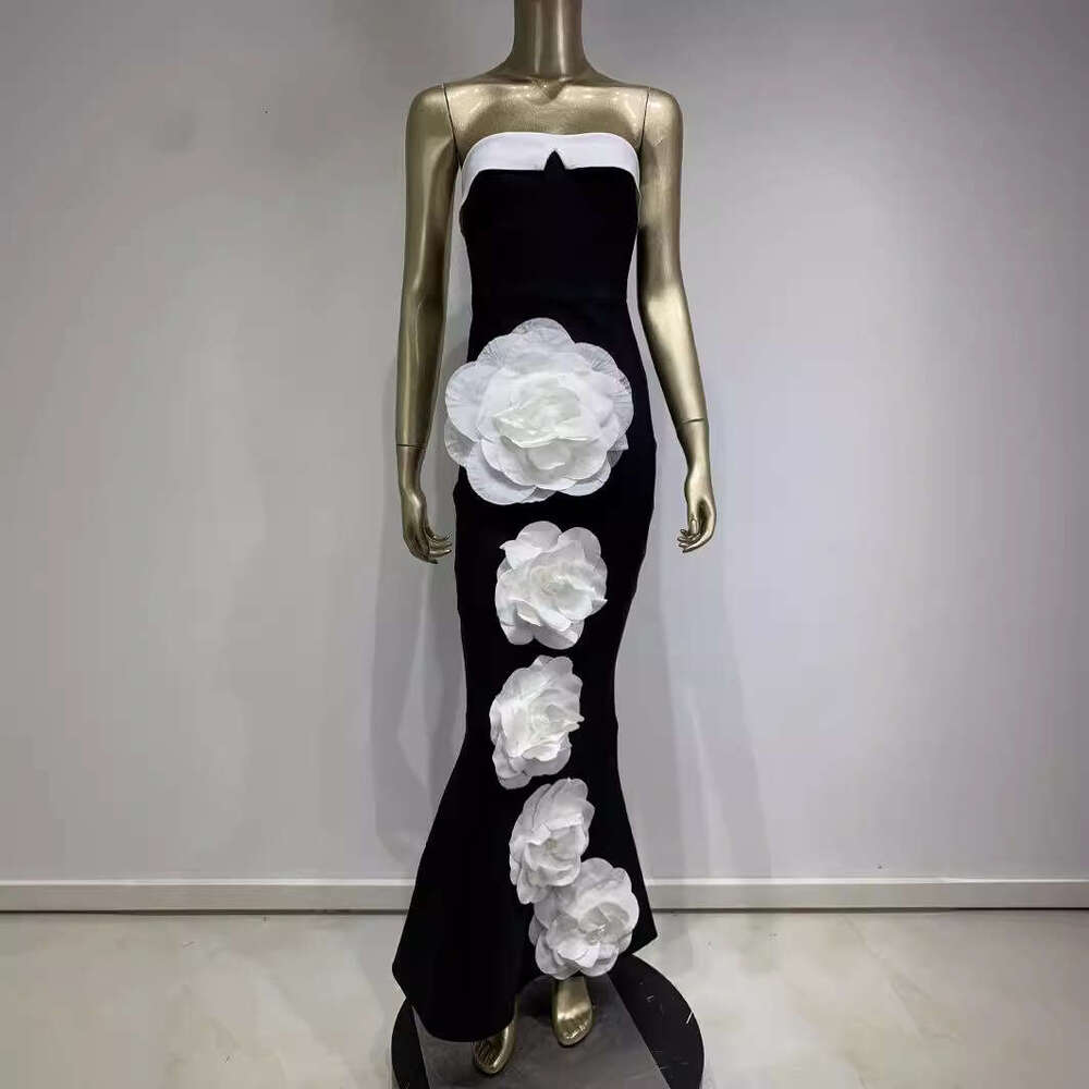 Maxi Dress New Bandage Strapless Black And White Patchwork Big Flower Long Party Skirt KQ