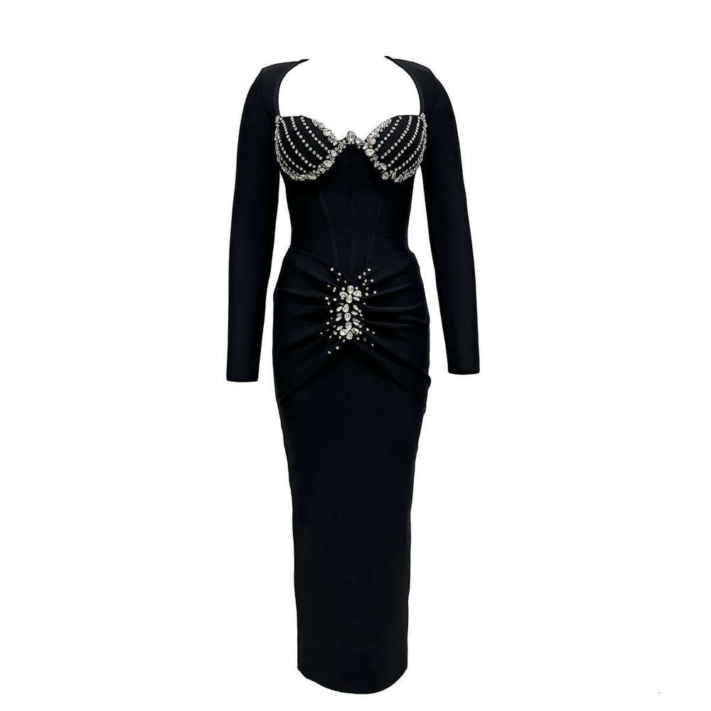 Maxi Dress New Sleeved Bandage Temperament Long Skirt Fashionable Dress Heavy Duty Custom Made Diamond Women S Dress With Temperament KQ