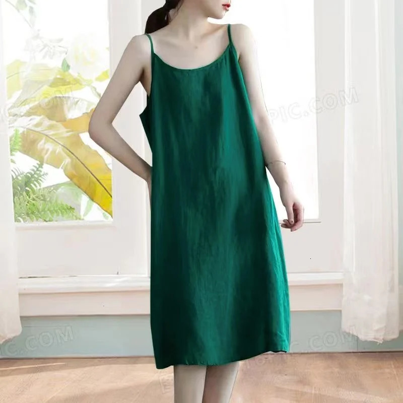 Women Casual Loose Strap Dress Retro Elegant Soft Cotton Linen Dress Sleeveless A-Line Straight Beach Holiday Dress Summer Thin 250517