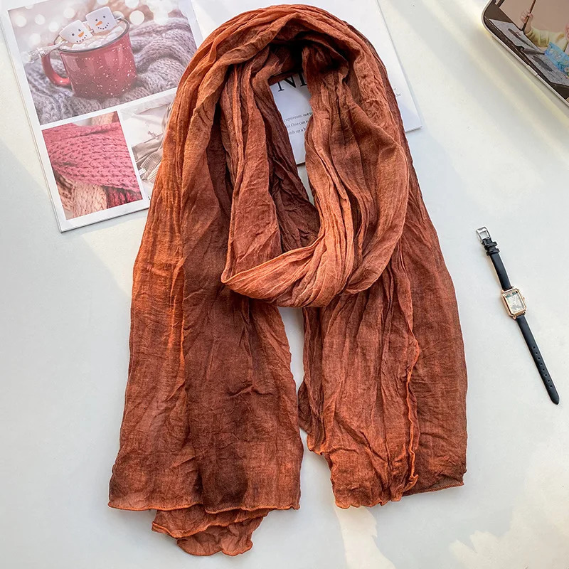Retro Ethnic Style Cotton and Linen Scarf Women Tie-dye Long Folds Gradual Change Color Shawl Korean Literary Fresh Cotton Silk 250517