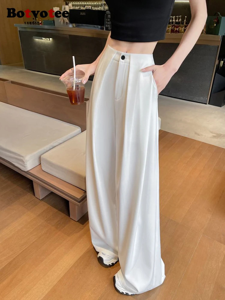 Botvotee womens white suit pants elegant office front pleated dress fashionable wide leg straight black formal mens style 250506