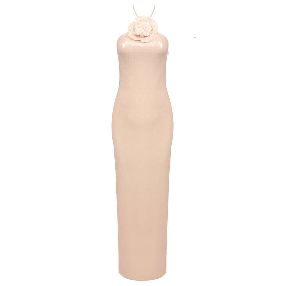 Maxi Dress Summer Evening Gown Fashionable Hanging Neck Apricot White Sequin Dress Elegant Slim Fit Sexy Women S Clothing KQ