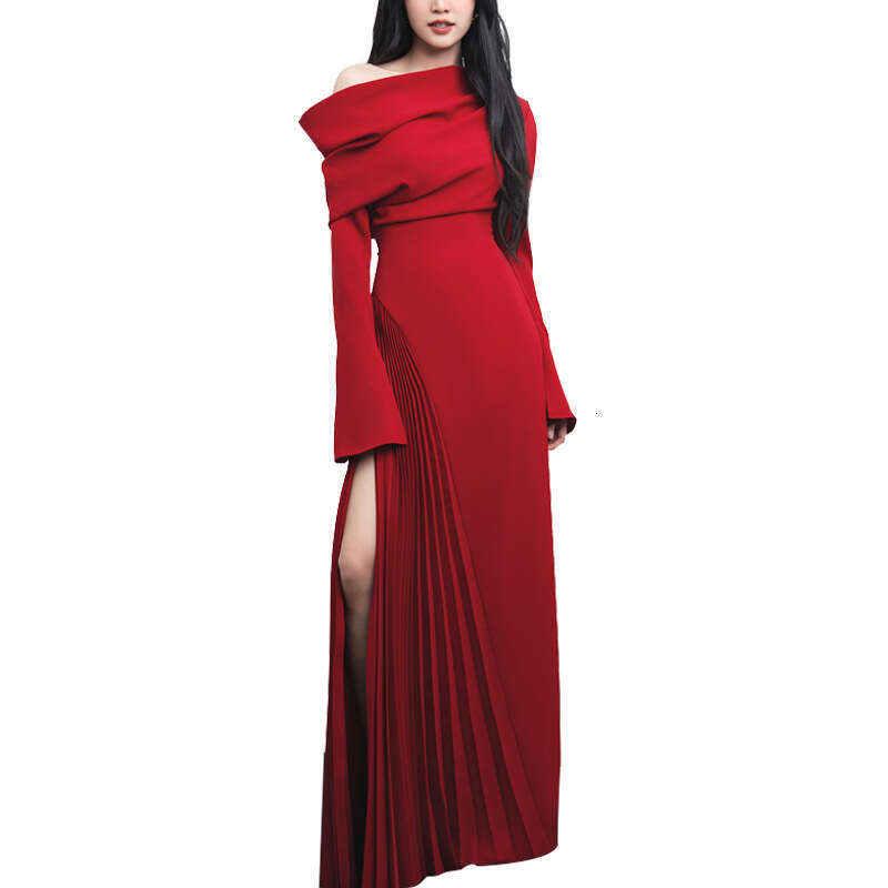 Maxi Dress Red Mature Sloping Neck Women S Autumn New Style Stacked Trumpet Sleeves Pleated Slit Dress Formai Dress
