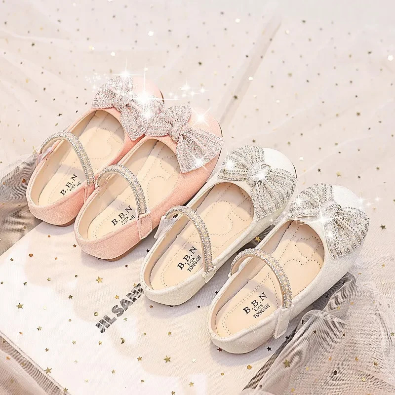Children Mary Janes for Party Wedding Shows Girls Flats Shiny Rhinestones Bow Round-toe Kids Shoes Non-slip Moccasin Shoes 250517CJ