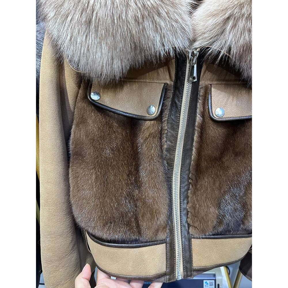 Winter Women Real Natural Fox Collar Mink Merino Sheep Fur Coat Genuine Leather Jacket Thick Female Coats Designer