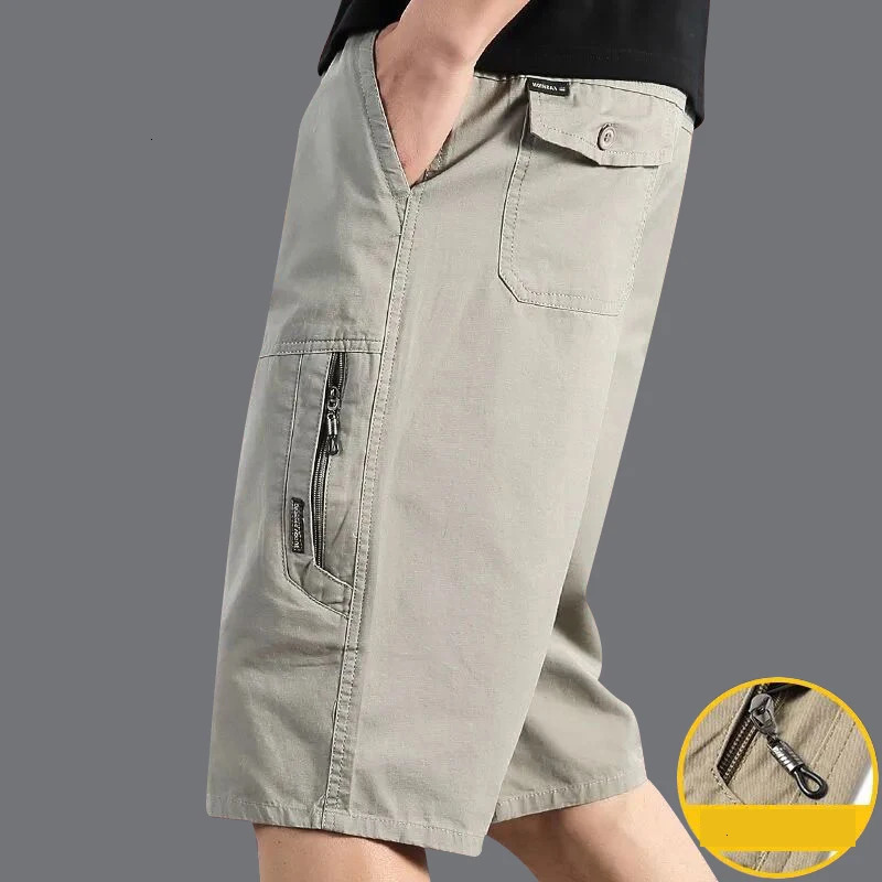 Classic Cargo Shorts Men Zipper Pocket Casual Knee Shorts Loose Straight Cotton Work Shorts Man Clothes 250517