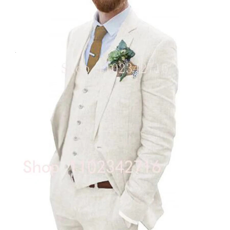 Costume Homme 3 Piece Linen Men Suits Groom Tuxedo for Wedding Groomsman Summer Beach Male Suit JacketPantsVest Terno 250516