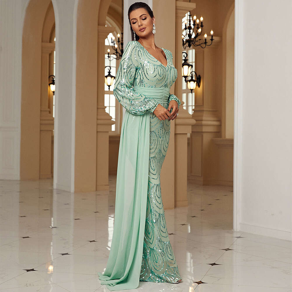 Maxi Dress Temperament Sleeved Sexy Long Sequin V Neck Party Ribbon Evening Bridesmaid Women S Dress KQ