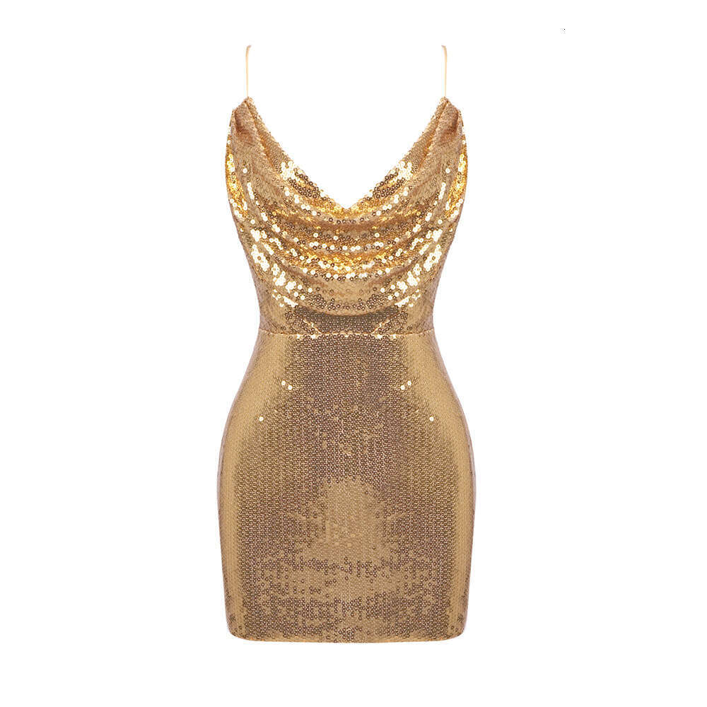 Maxi Dress Summer Women S Gold Sequin Sexy Back Cross Nightclub Party Spicy Girl Outfit Suspender Skirt KQ