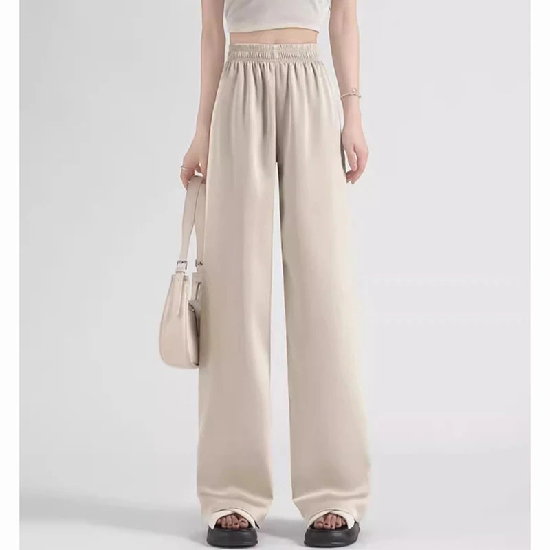 Summer Girls Thin Ice Silk Wide Leg Pants Female Casual High Waisted Straight Leg Trousers Lady Comfortable Satin Fabric Pants 250517