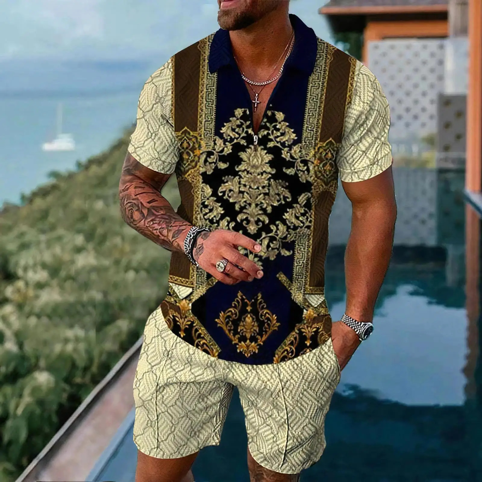 Gold Pattern Mens Polo Shirts Set Summer Short Sleeve Zipper Polo Shirt Shorts 2PCS Suits Men Casual Sportswear 250517
