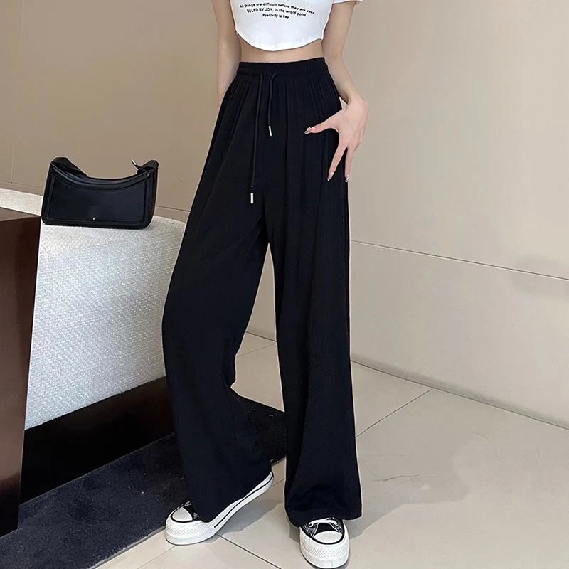 Summer Women High Waist Wide Leg Pants Lady Cute Green Pink Baggy Straight Leg Trousers Female Cool Ice Silk Outside Slacks 250517