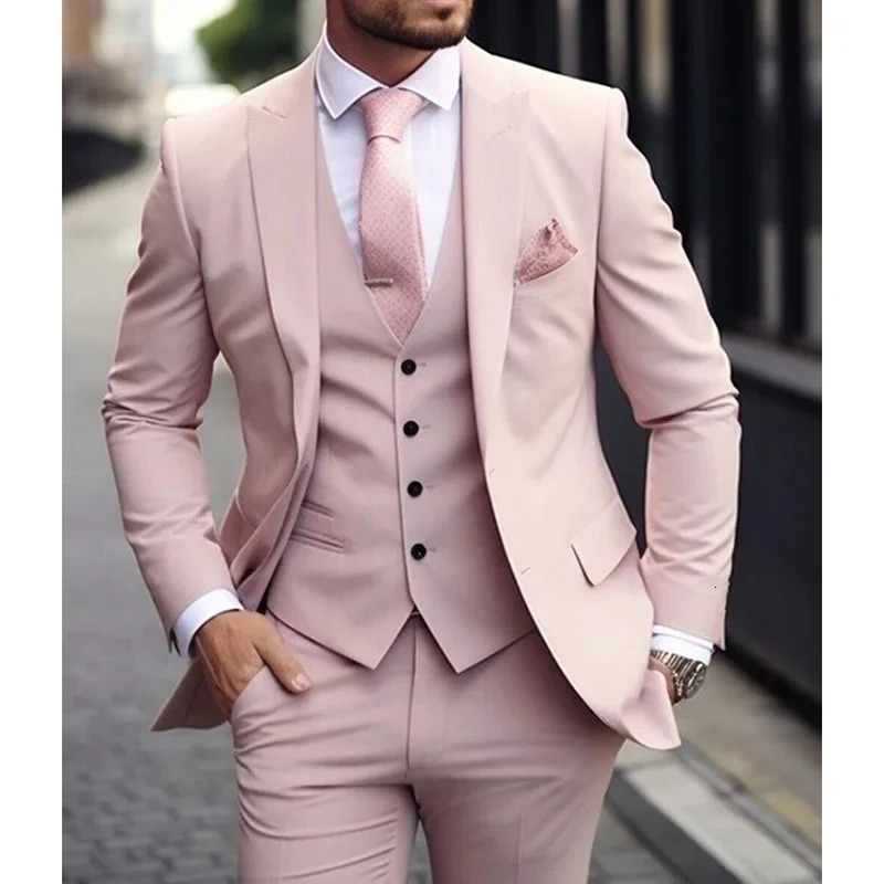 Pink Men Suits Terno Slim fit 3 Piece Jacket Pant With Vest Groom Wedding Tuxedo Costume Homme Formal Occasion Terno 250516
