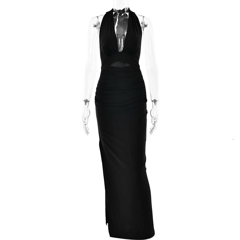 Maxi Dress Ins Style Summer New Sexy V Neck Hanging Neck Backless Long Skirt Solid Color Slit Dress Formai Dress