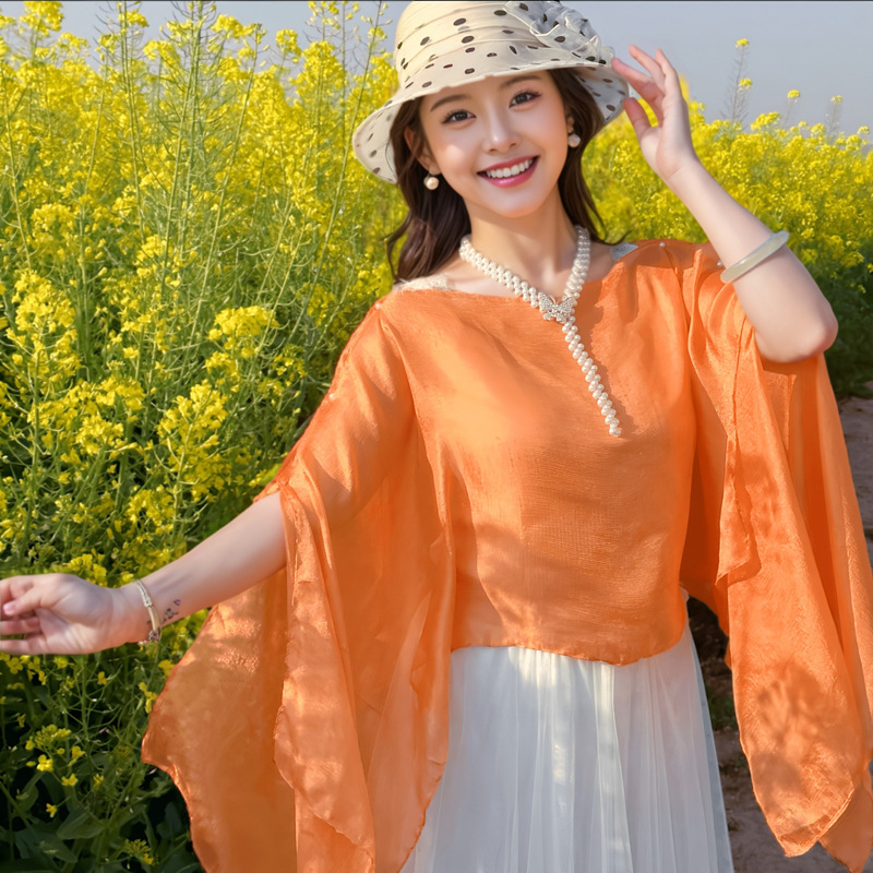 K757 Summer new style streamer silk scarf solid color new Chinese style pearl button shawl outdoor travel photography sunscreen shirt outer wear